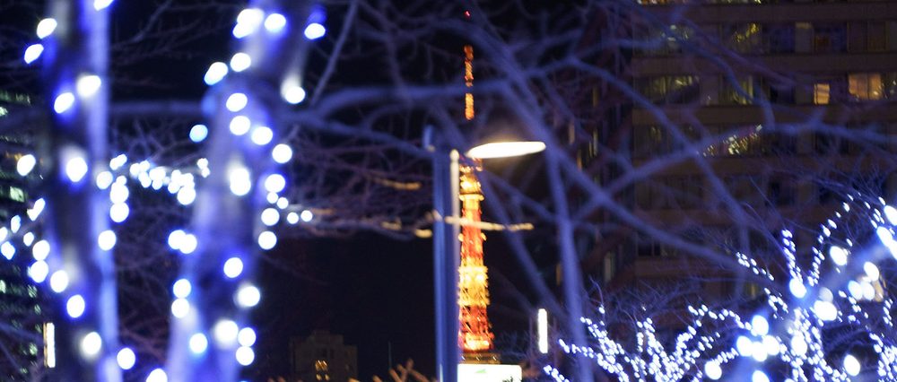 Tokyo Tower glowing orange at night, framed by trees wrapped in blue and white winter illumination lights